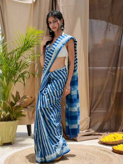 Nandini everyday wear lightweight indigo blue hand block printed cotton saree, Vasaka Jaipur