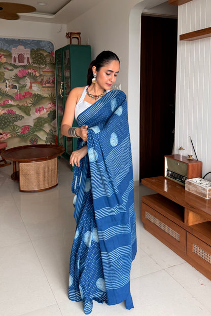 Soft indigo blue mulmul cotton saree for comfortable daily wear.
