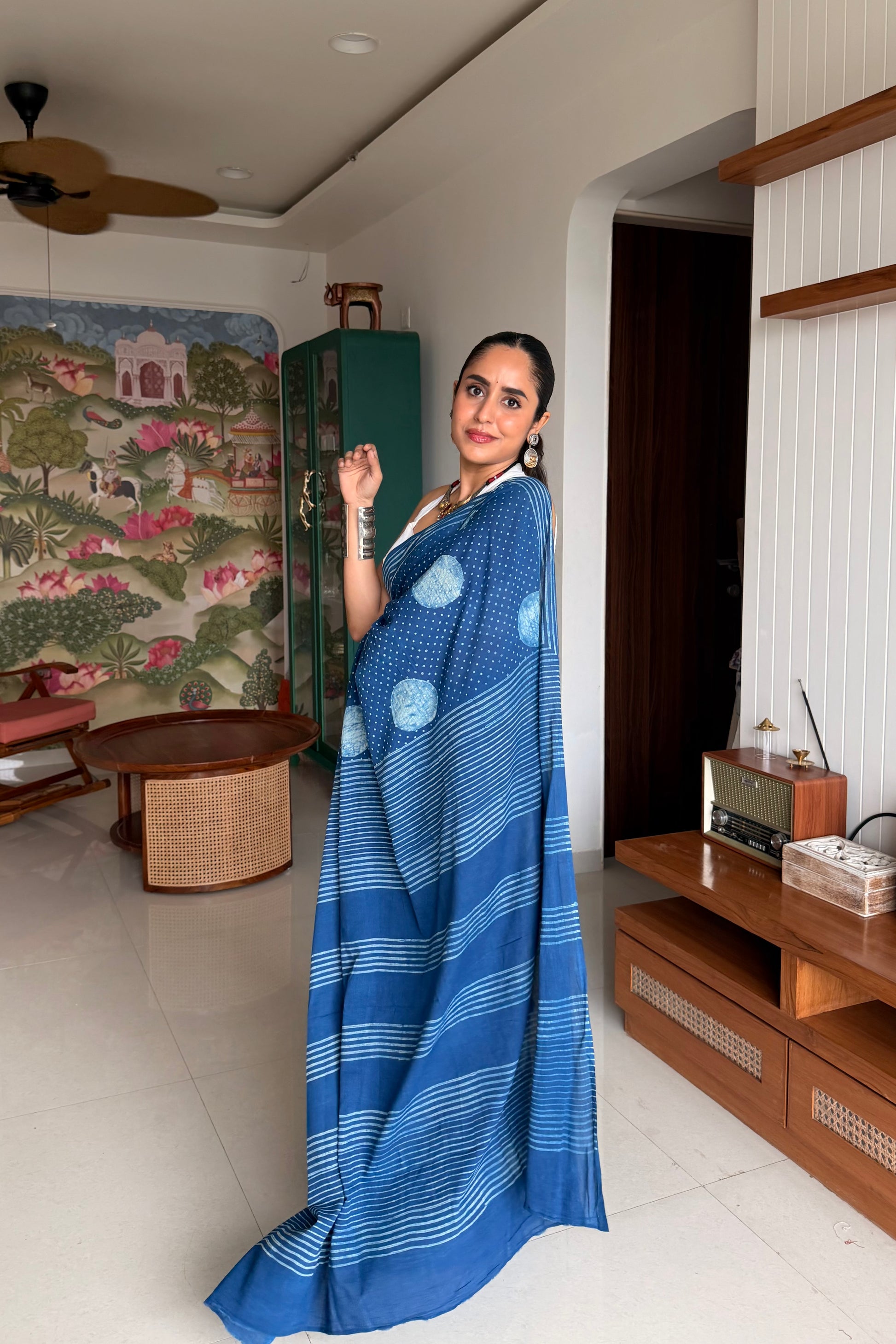 Indigo blue cotton Dabu saree featuring geometric mud-resist prints.