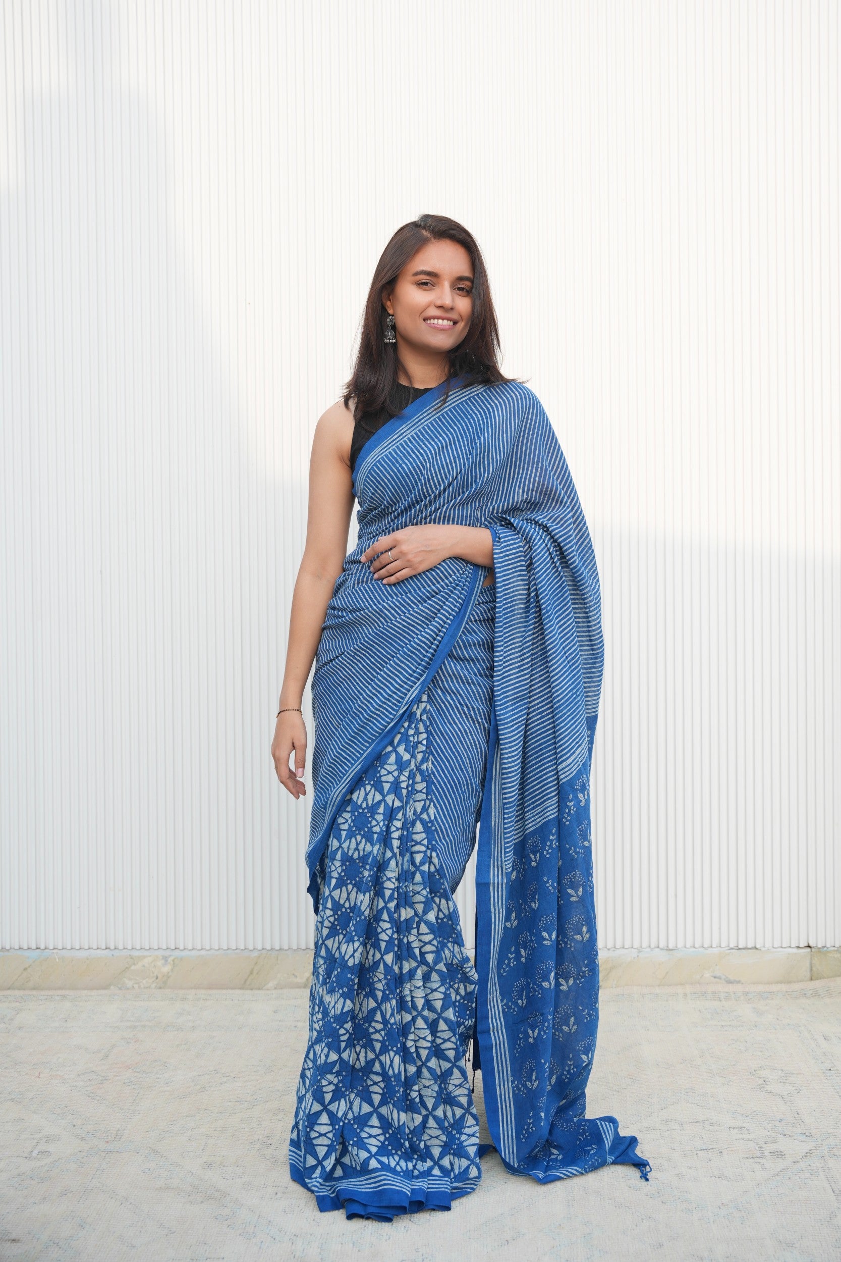 Vasaka Jaipur Hand Block Printed Indigo Mulmul Cotton Saree