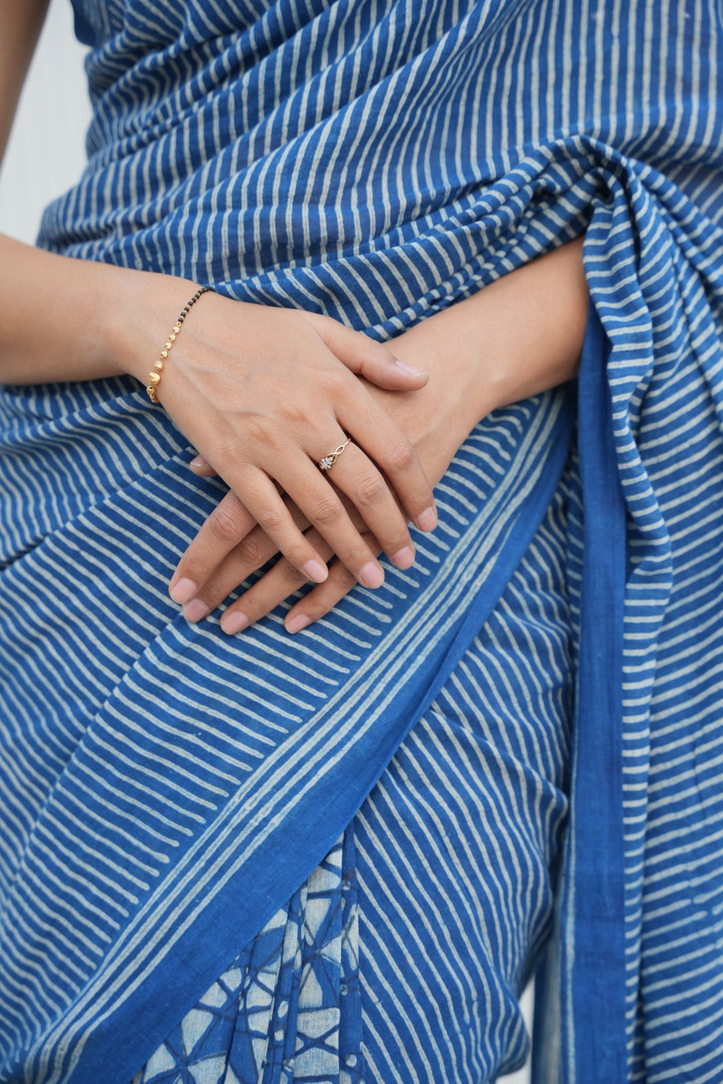 Indigo blue block printed handloom cotton saree from Vasaka Jaipur collection