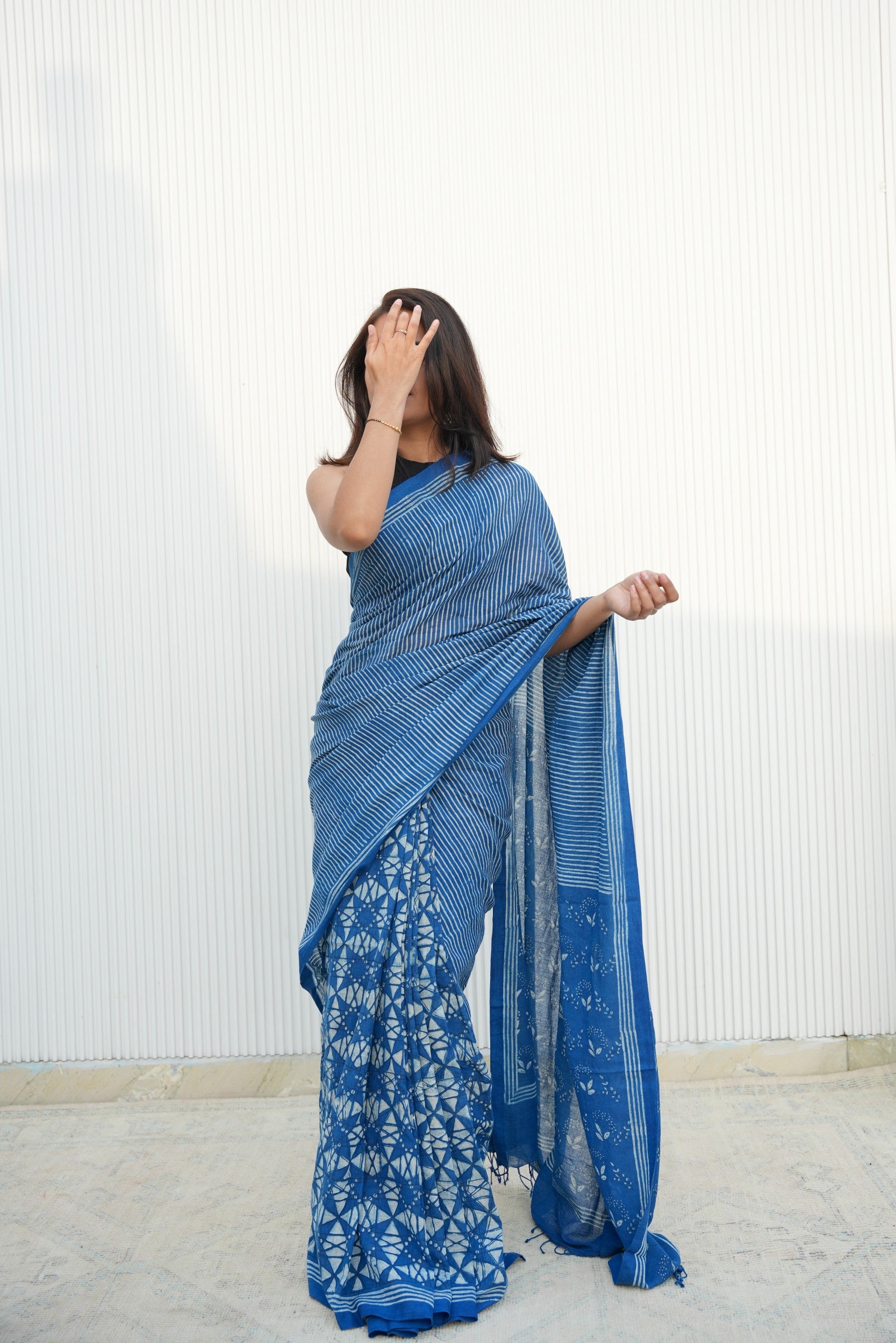 Traditional hand-woven handloom cotton saree with running blouse piece, Vasaka Jaipur