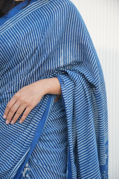Vasaka Jaipur Hand Block Printed Indigo Mulmul Cotton Saree 