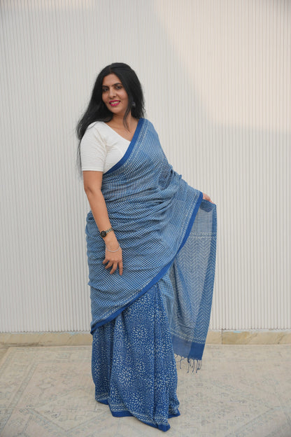 Lightweight Indigo handloom mulmul cotton saree for daily office wear