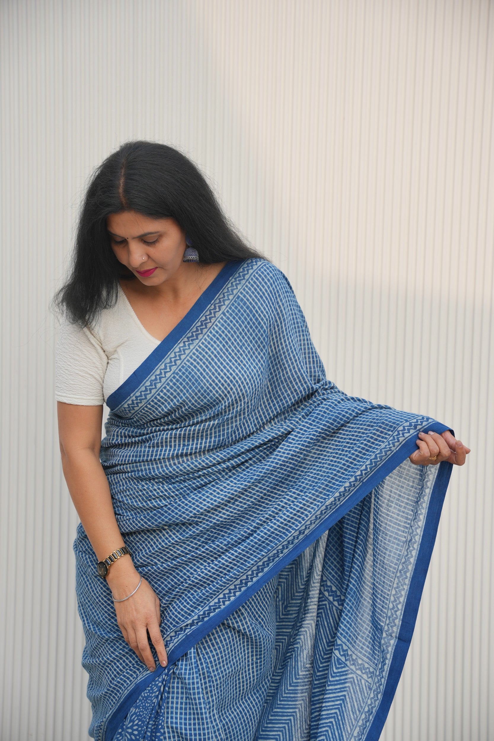 Vasaka Jaipur Hand Block Printed Indigo Mulmul Cotton Saree 