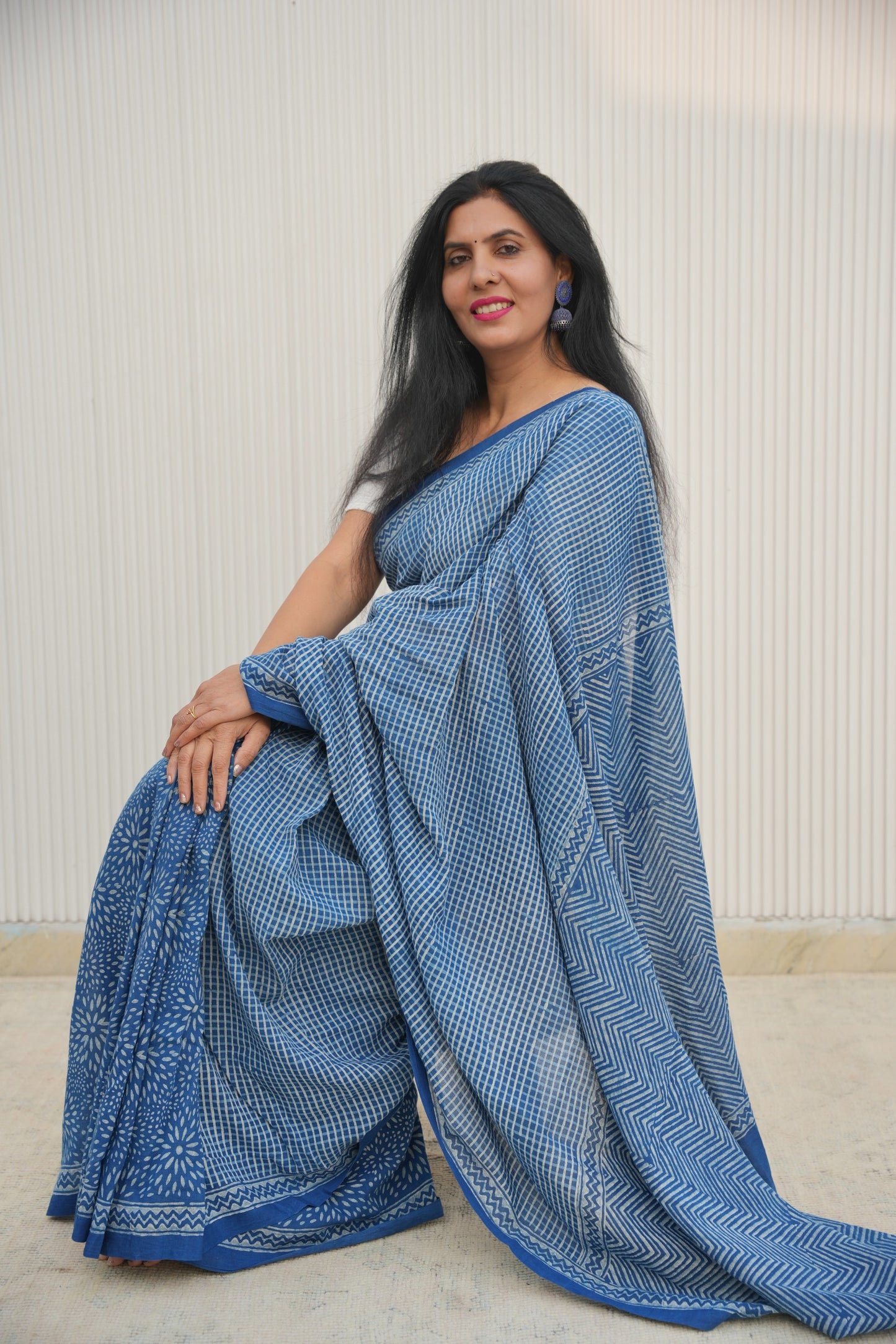 Indigo blue block printed handloom cotton saree from Vasaka Jaipur collection