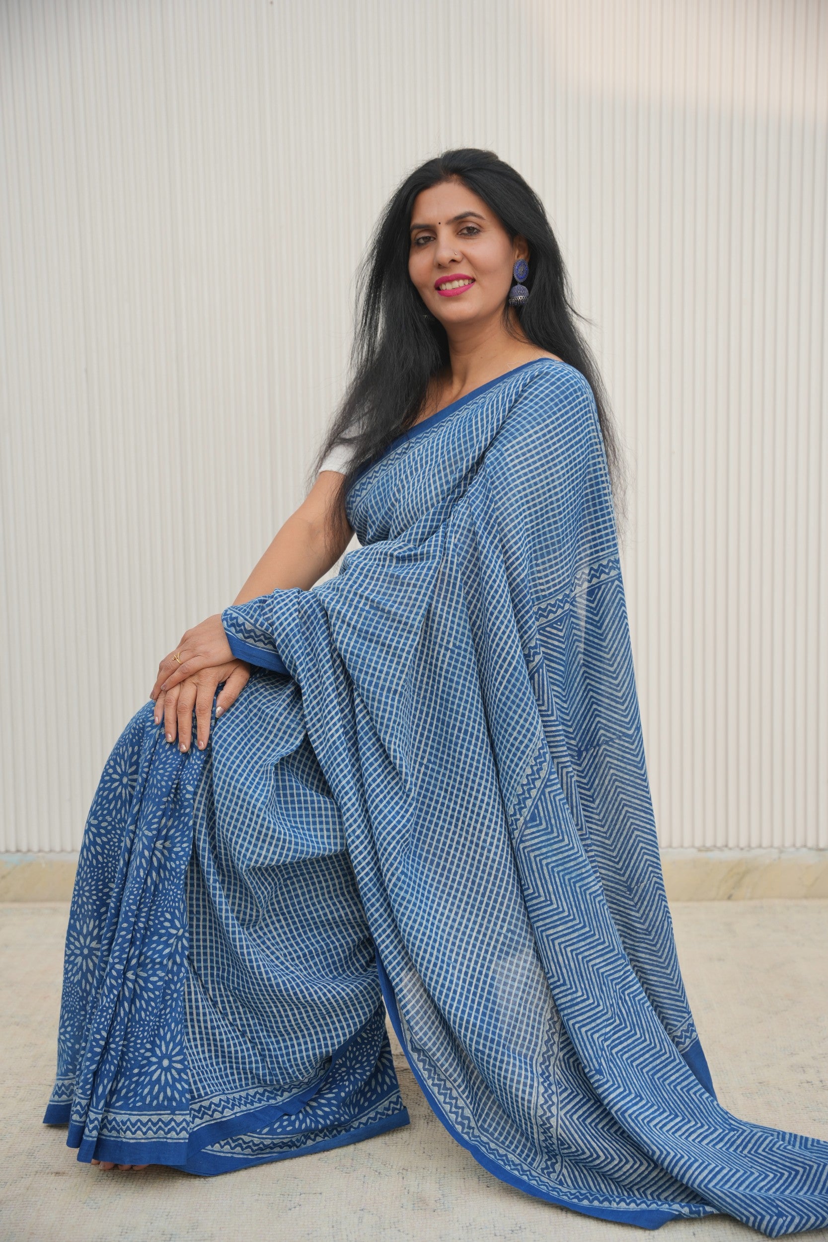 Indigo blue block printed handloom cotton saree from Vasaka Jaipur collection