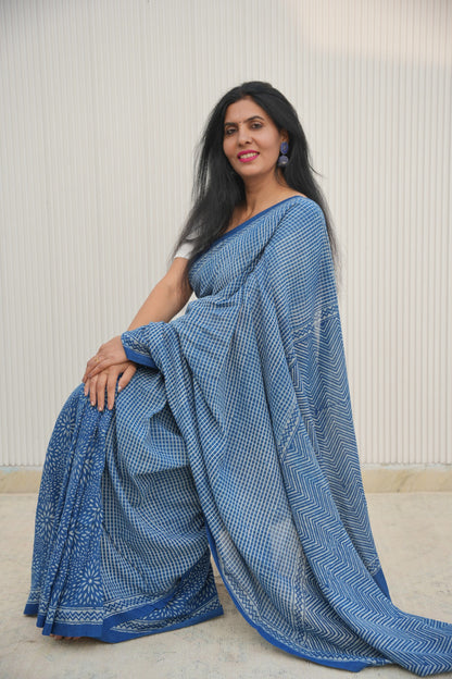 Indigo blue block printed handloom cotton saree from Vasaka Jaipur collection