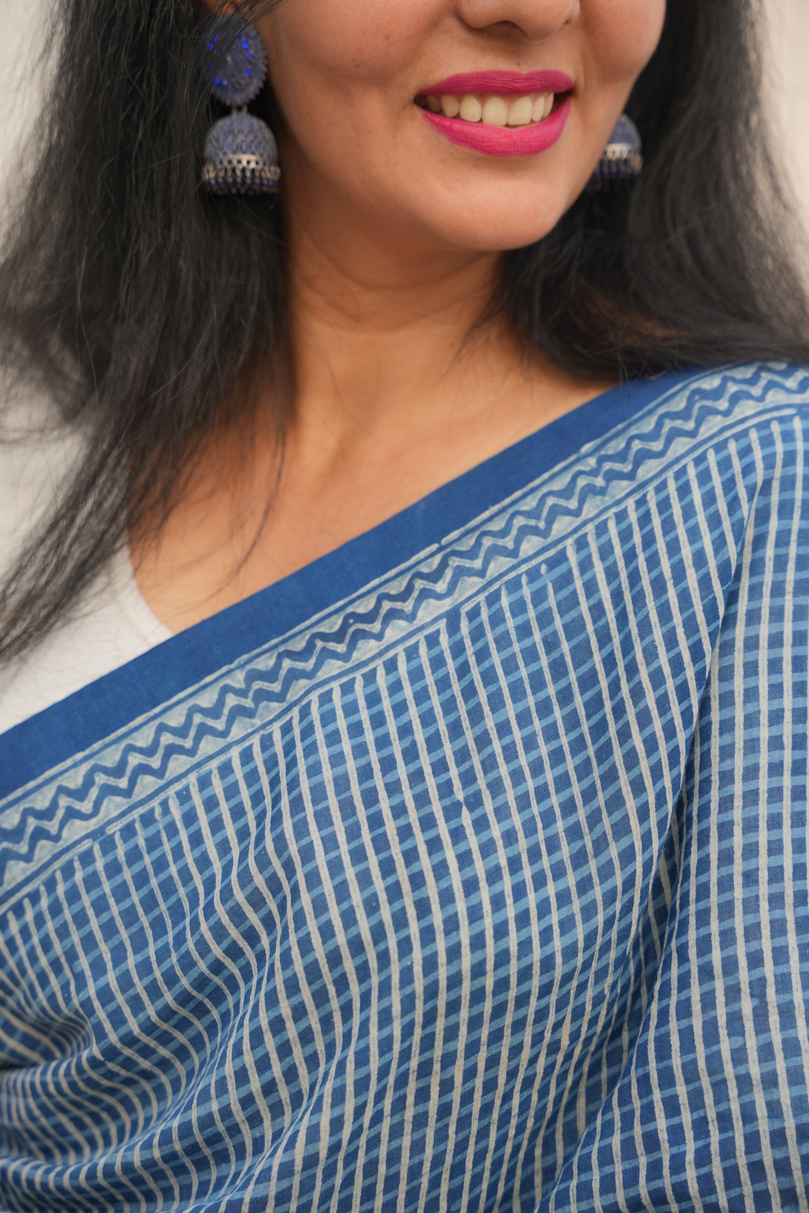 Indigo blue block printed handloom cotton saree from Vasaka Jaipur collection