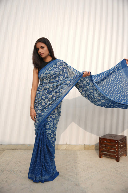 Indigo blue block printed handloom cotton saree from Vasaka Jaipur collection