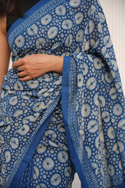 Vasaka Jaipur Hand Block Printed Indigo Mulmul Cotton Saree 