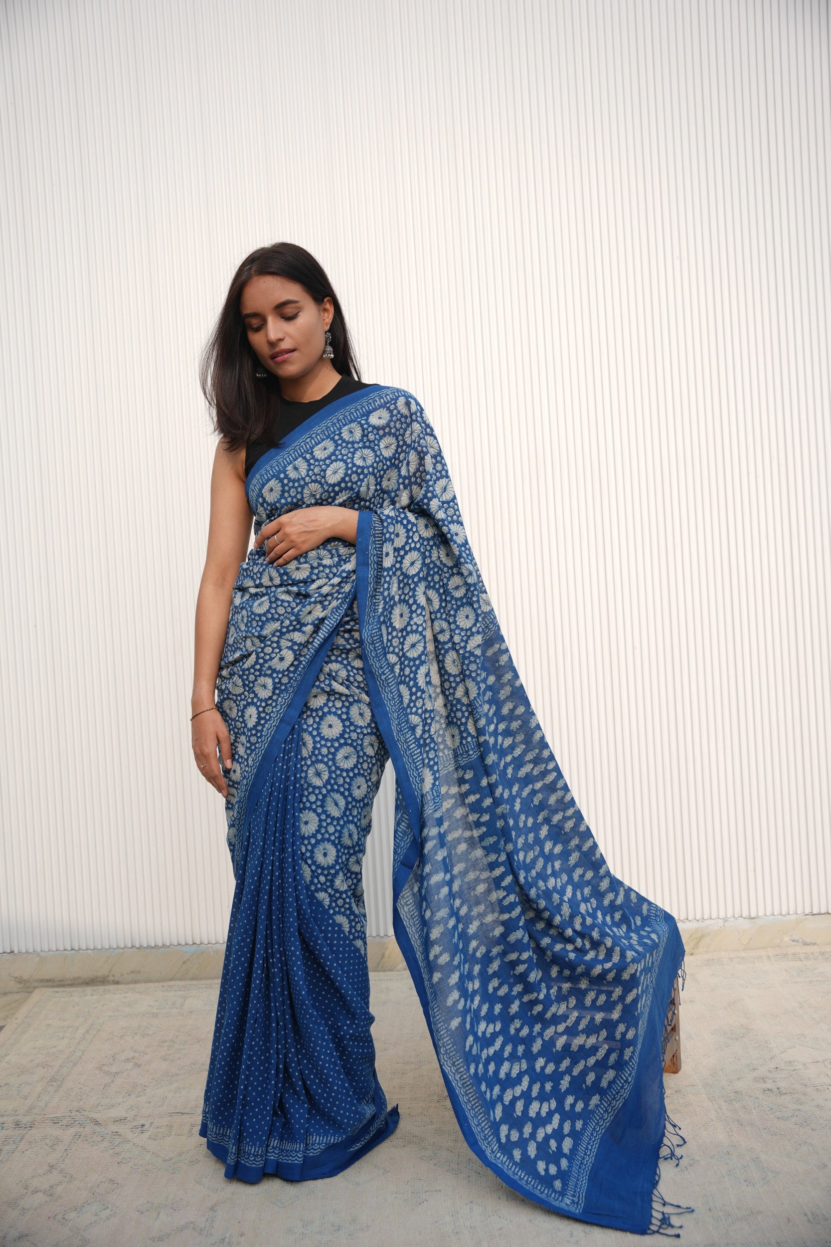 Indigo blue block printed handloom cotton saree from Vasaka Jaipur collection