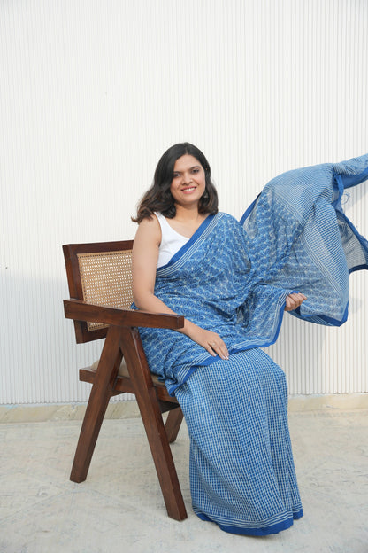 Indigo blue block printed handloom cotton saree from Vasaka Jaipur collection