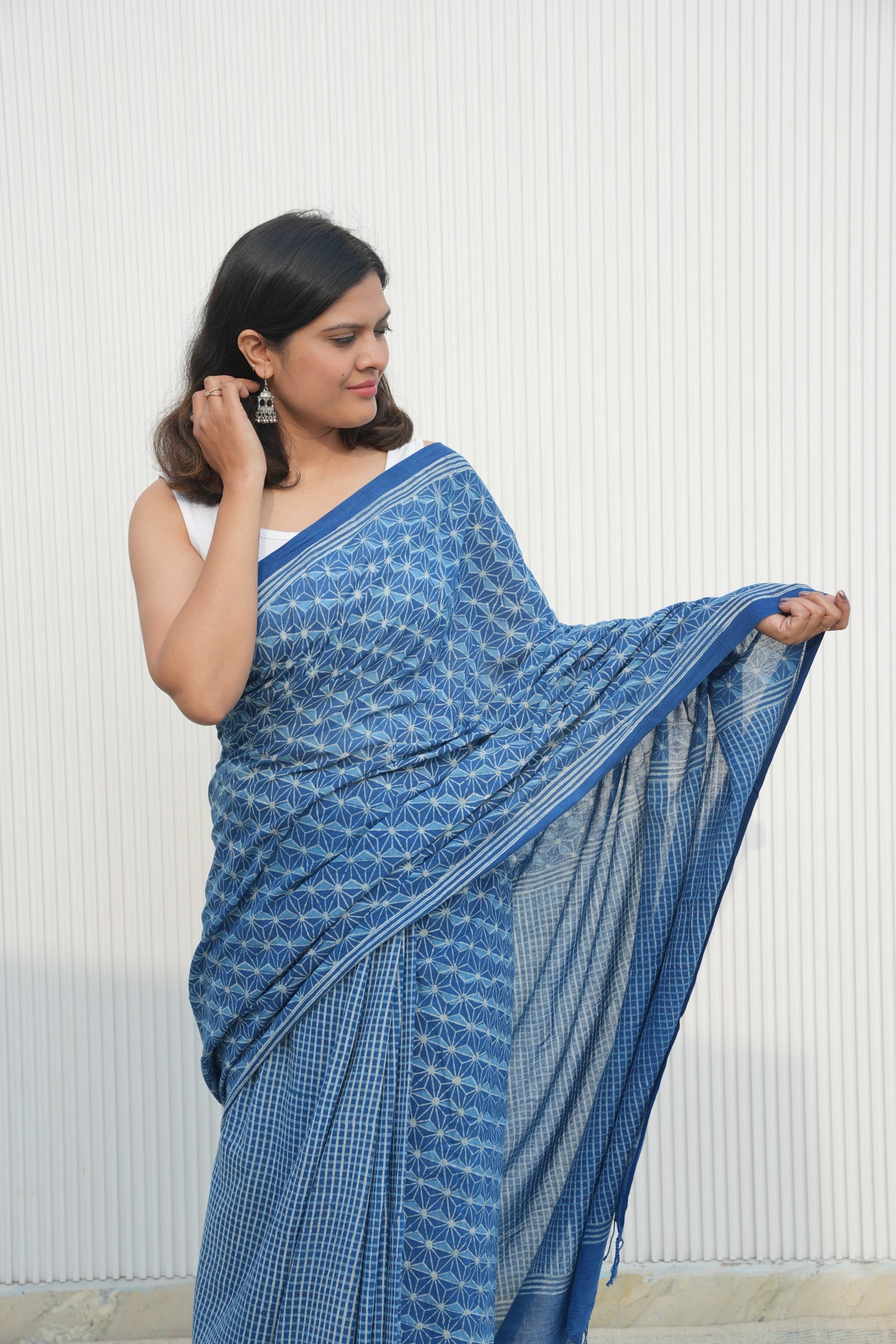 Indigo blue block printed handloom cotton saree from Vasaka Jaipur collection