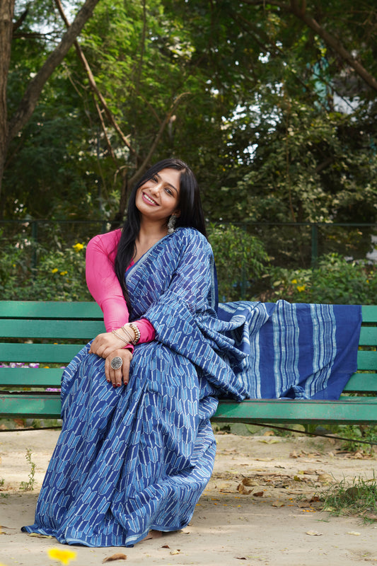 Neeraja traditional Jaipuri dabu printed natural indigo cotton saree for summer wear by Vasaka Jaipur
