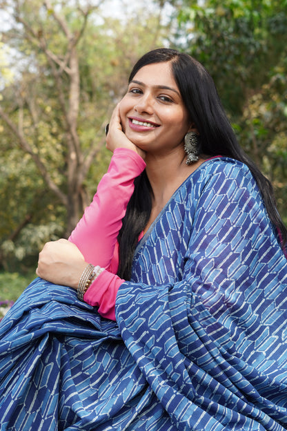 Neeraja traditional Jaipuri dabu printed natural indigo cotton saree for summer wear by Vasaka Jaipur