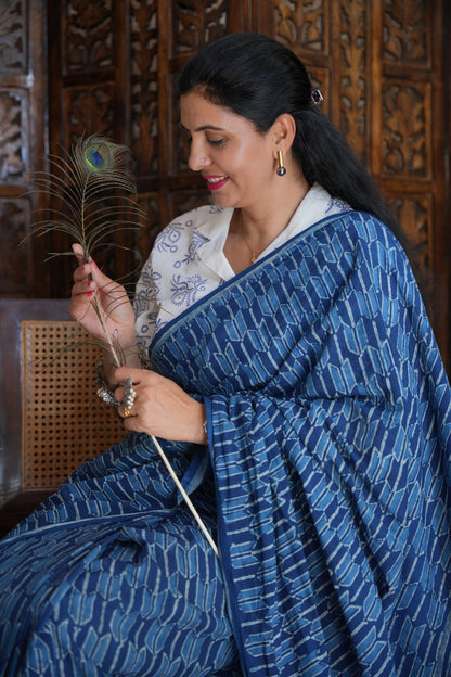 Neeraja traditional Jaipuri dabu printed natural indigo cotton saree for summer wear by Vasaka Jaipur