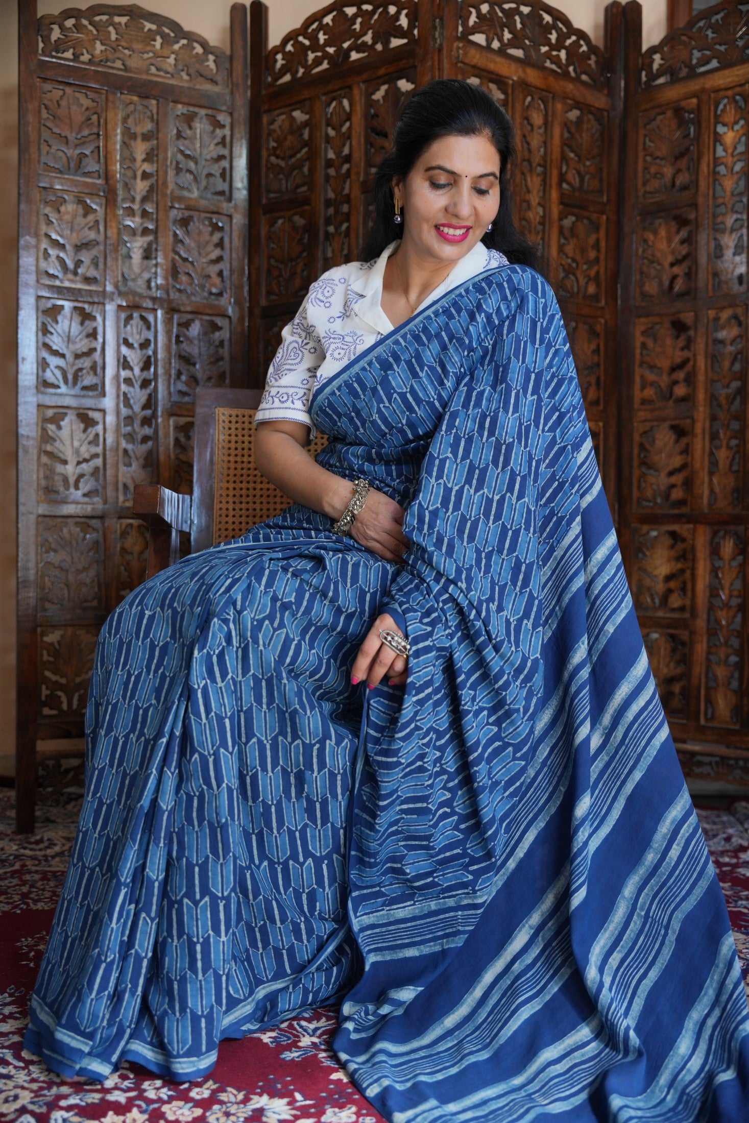 Neeraja traditional Jaipuri dabu printed natural indigo cotton saree for summer wear by Vasaka Jaipur