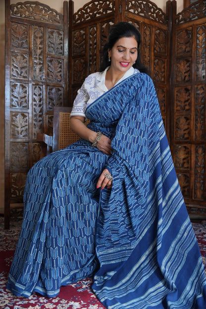 Neeraja traditional Jaipuri dabu printed natural indigo cotton saree for summer wear by Vasaka Jaipur