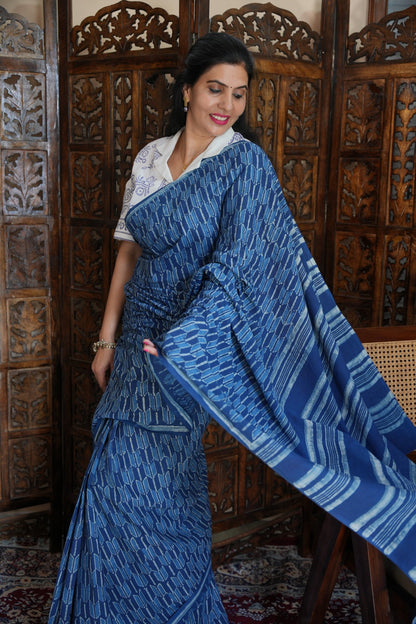Neeraja traditional Jaipuri dabu printed natural indigo cotton saree for summer wear by Vasaka Jaipur