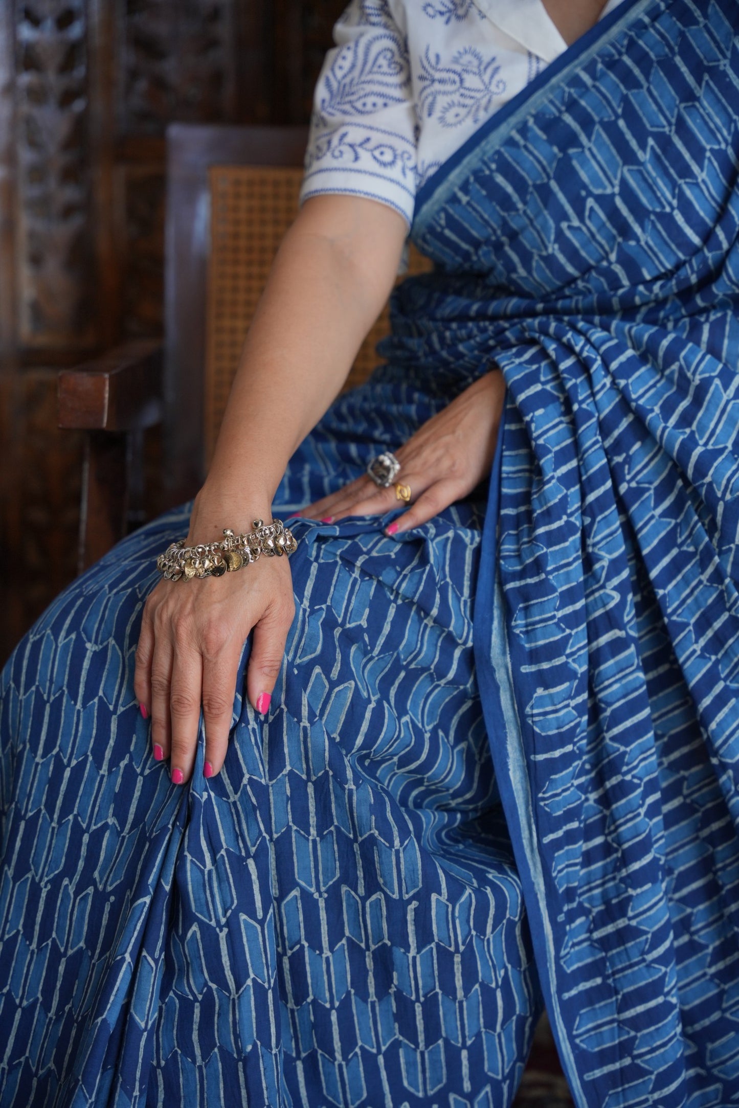 Neeraja traditional Jaipuri dabu printed natural indigo cotton saree for summer wear by Vasaka Jaipur