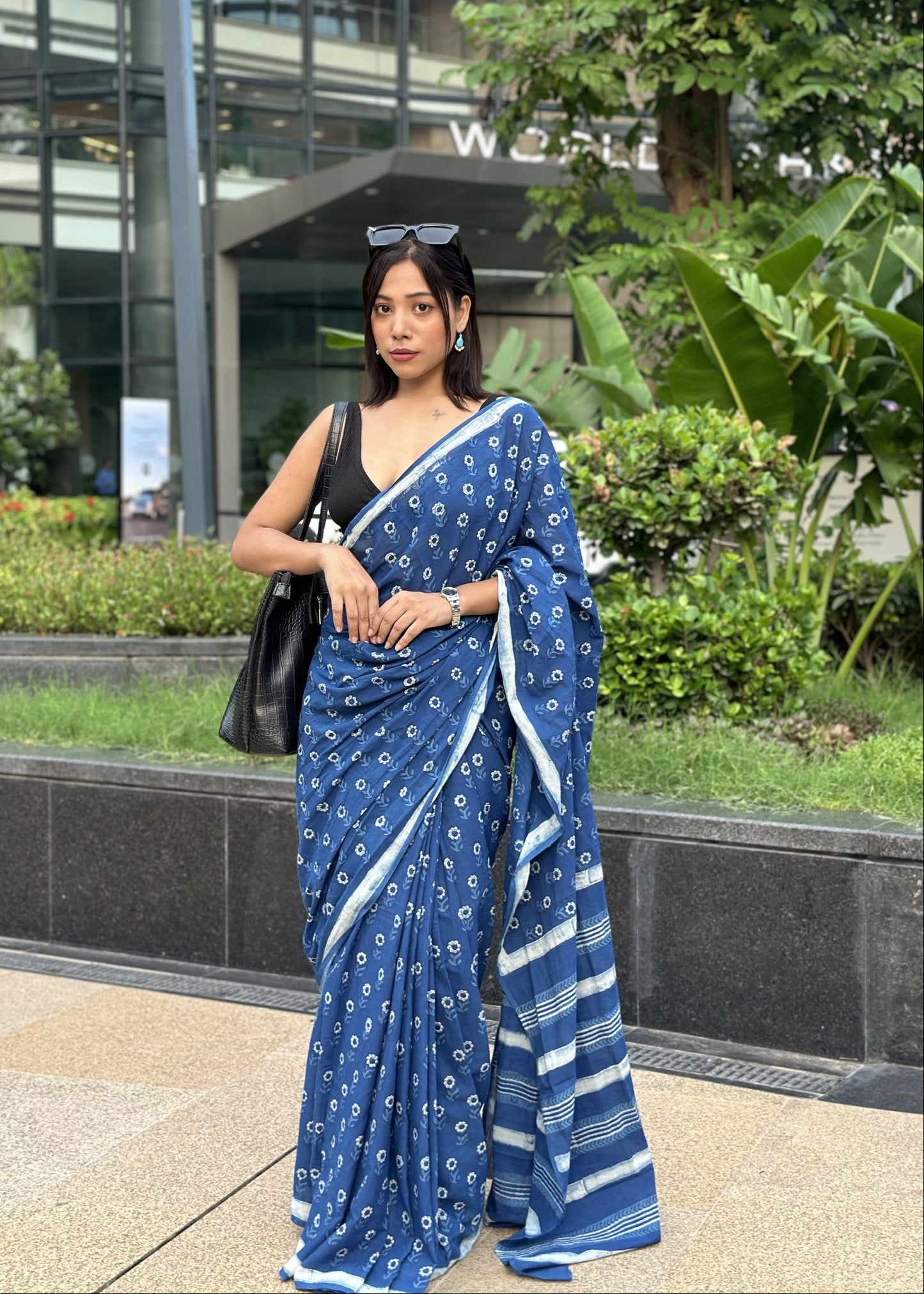 Nidhi deep blue natural indigo cotton saree with authentic Rajasthani dabu hand block print by Vasaka Jaipur
