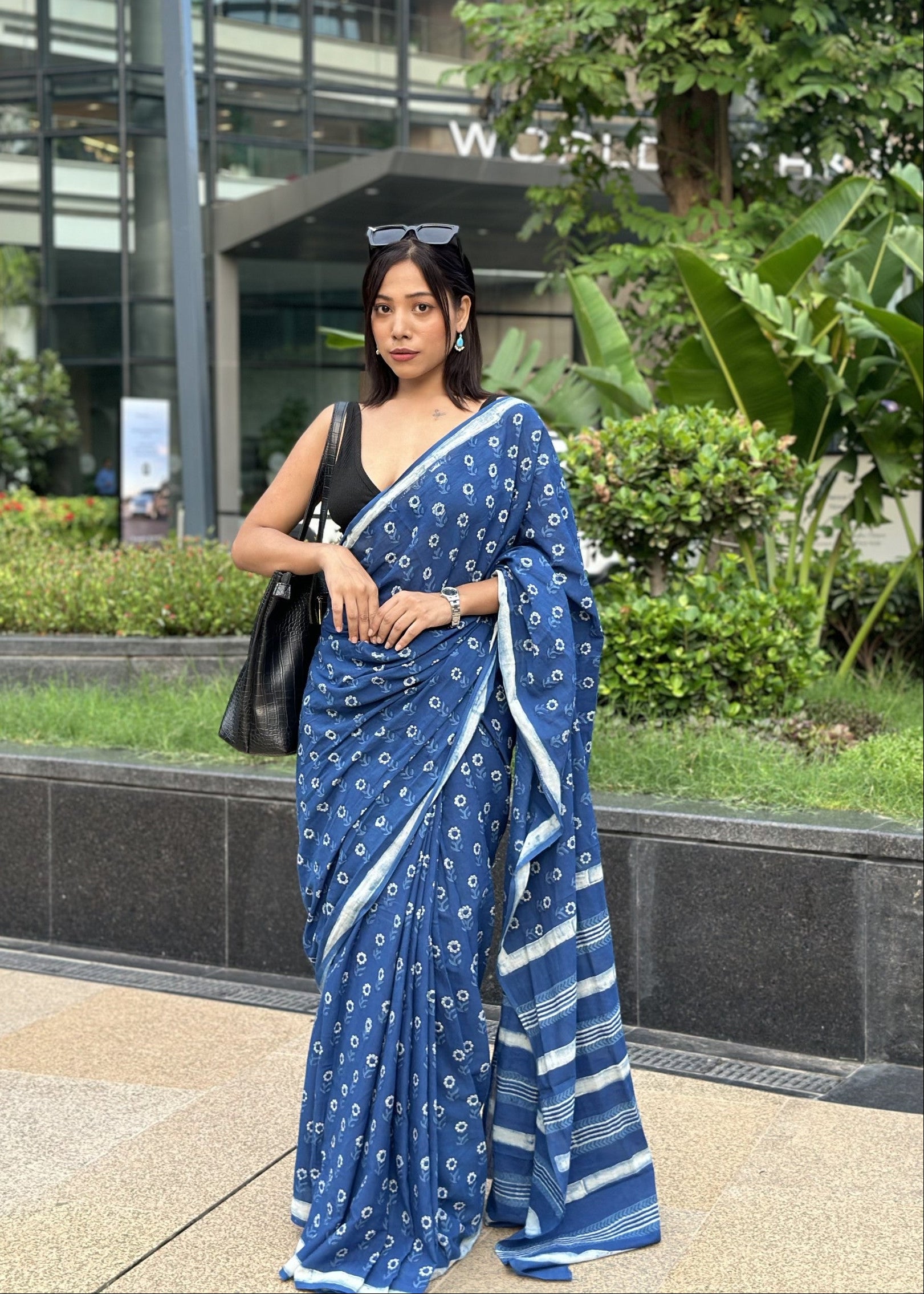 Nidhi deep blue natural indigo cotton saree with authentic Rajasthani dabu hand block print by Vasaka Jaipur