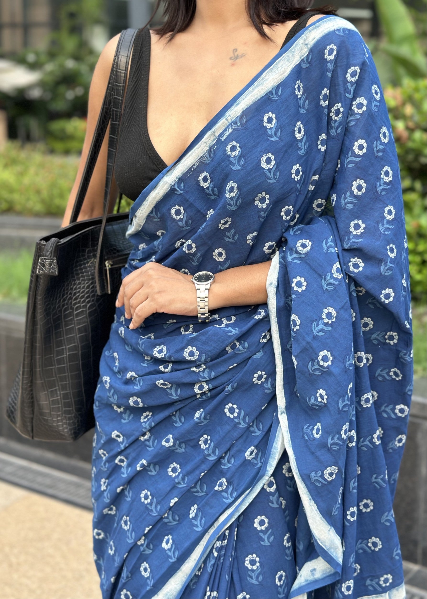Nidhi deep blue natural indigo cotton saree with authentic Rajasthani dabu hand block print by Vasaka Jaipur