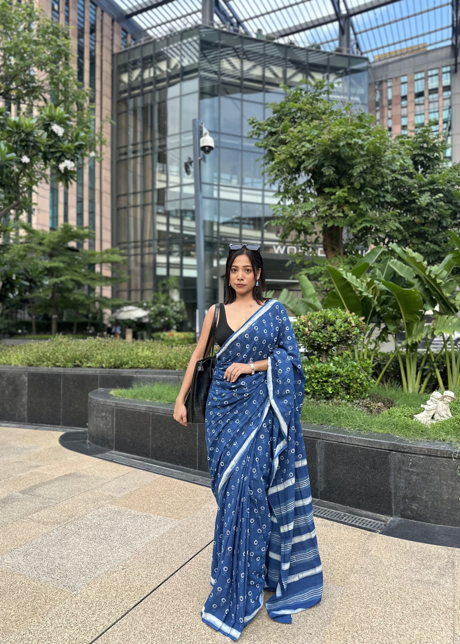 Nidhi deep blue natural indigo cotton saree with authentic Rajasthani dabu hand block print by Vasaka Jaipur