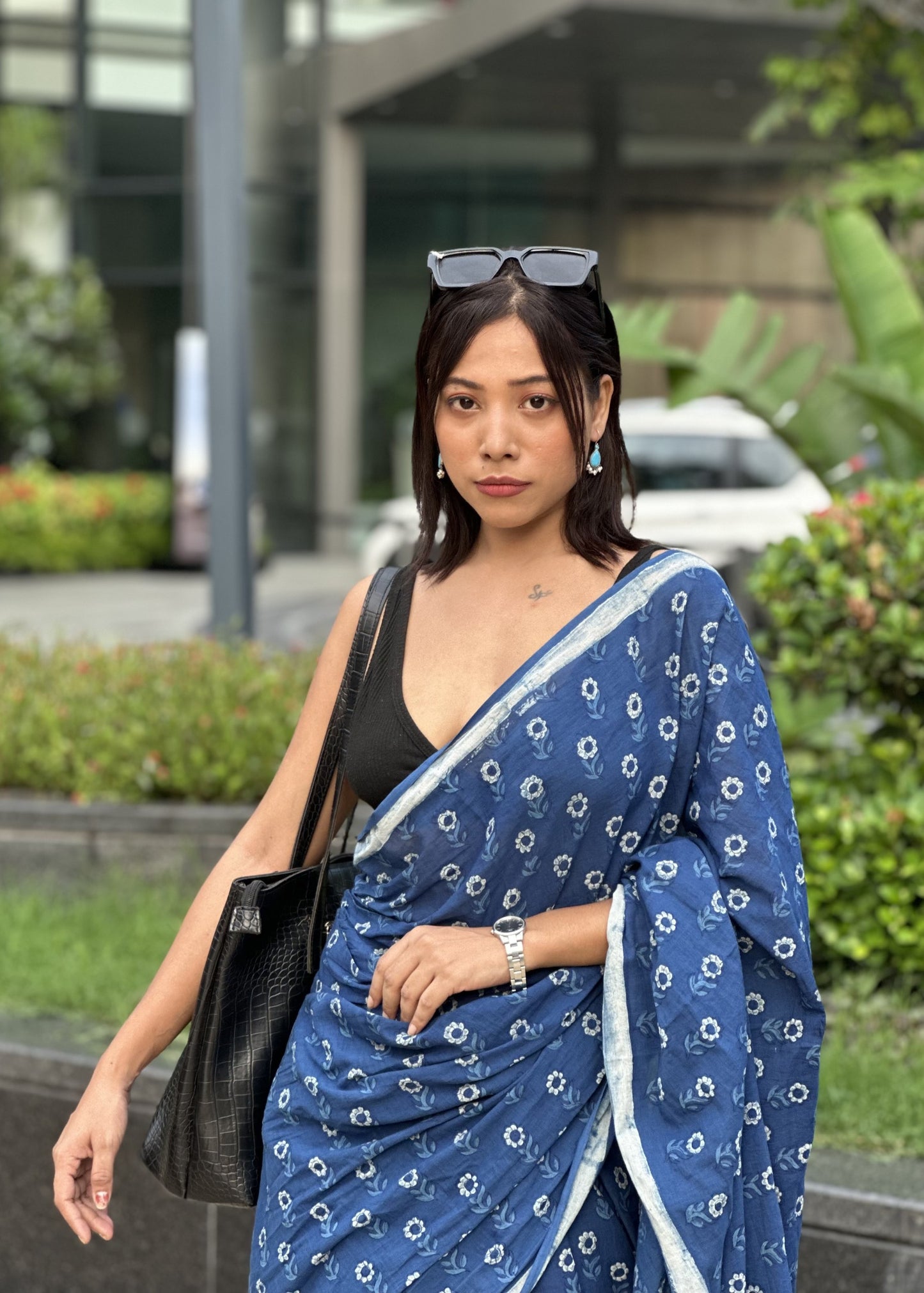 Nidhi deep blue natural indigo cotton saree with authentic Rajasthani dabu hand block print by Vasaka Jaipur