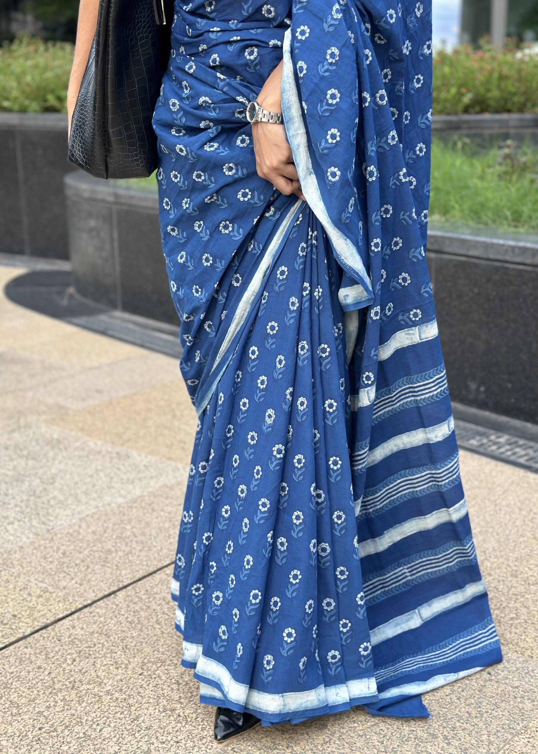 Nidhi deep blue natural indigo cotton saree with authentic Rajasthani dabu hand block print by Vasaka Jaipur