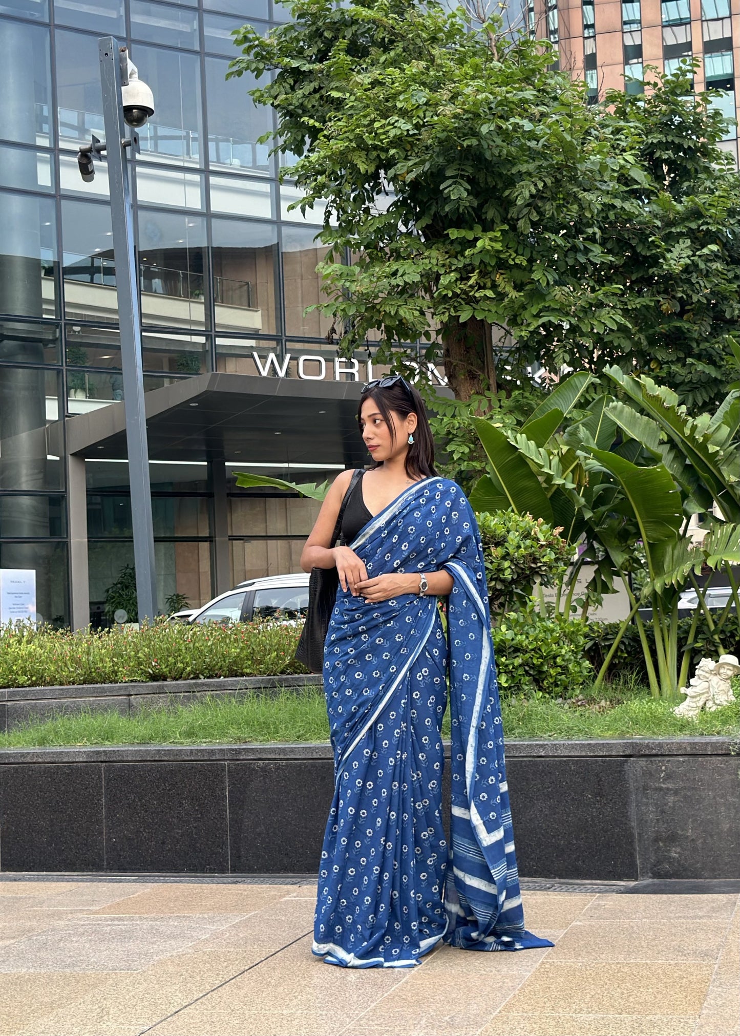 Nidhi deep blue natural indigo cotton saree with authentic Rajasthani dabu hand block print by Vasaka Jaipur