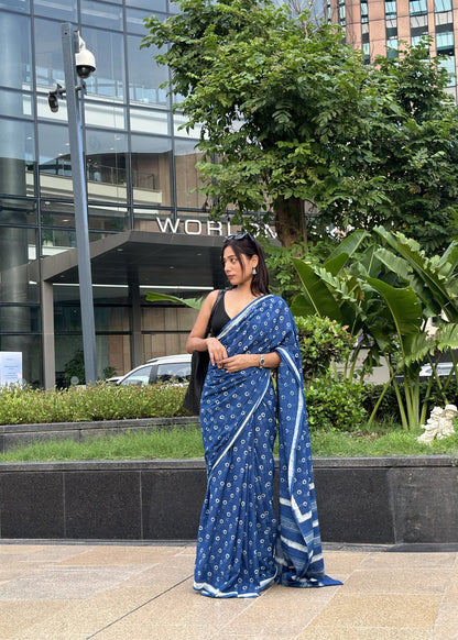 Nidhi deep blue natural indigo cotton saree with authentic Rajasthani dabu hand block print by Vasaka Jaipur