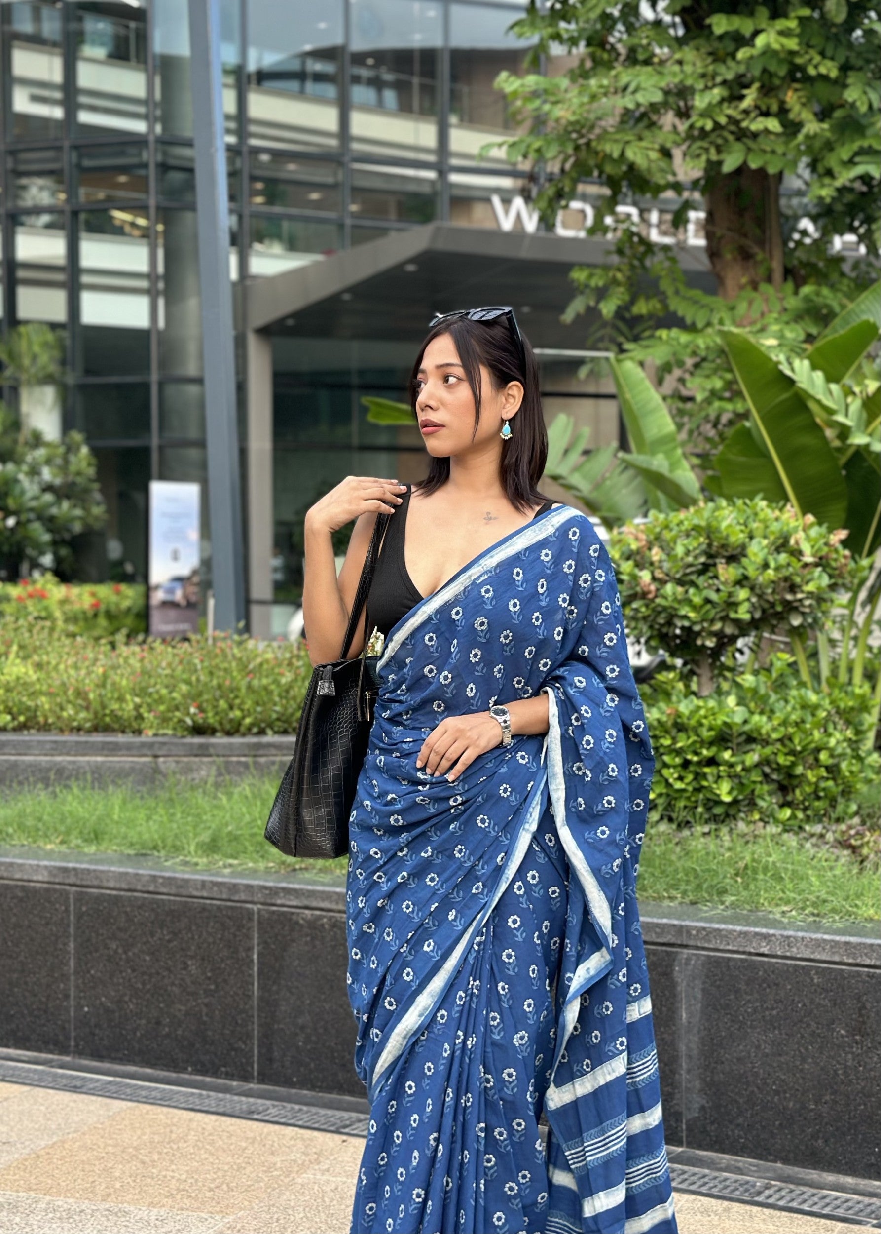 Nidhi deep blue natural indigo cotton saree with authentic Rajasthani dabu hand block print by Vasaka Jaipur