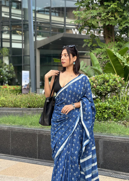Nidhi deep blue natural indigo cotton saree with authentic Rajasthani dabu hand block print by Vasaka Jaipur