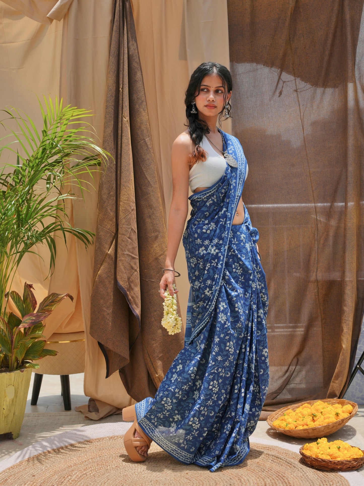 Nirvi lightweight daily wear indigo blue hand block printed cotton office wear saree, Vasaka Jaipur