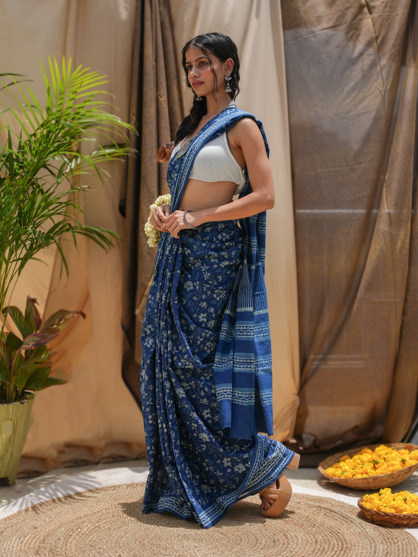 Nirvi lightweight daily wear indigo blue hand block printed cotton office wear saree, Vasaka Jaipur