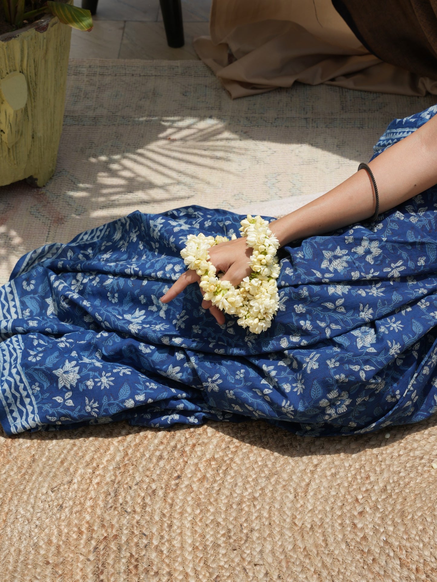 Nirvi lightweight daily wear indigo blue hand block printed cotton office wear saree, Vasaka Jaipur