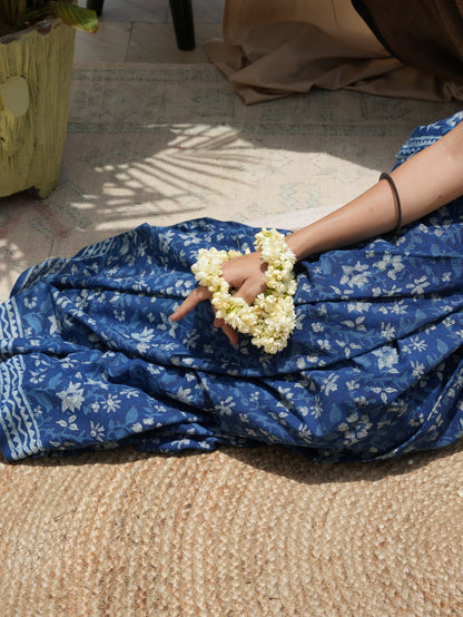 Nirvi lightweight daily wear indigo blue hand block printed cotton office wear saree, Vasaka Jaipur