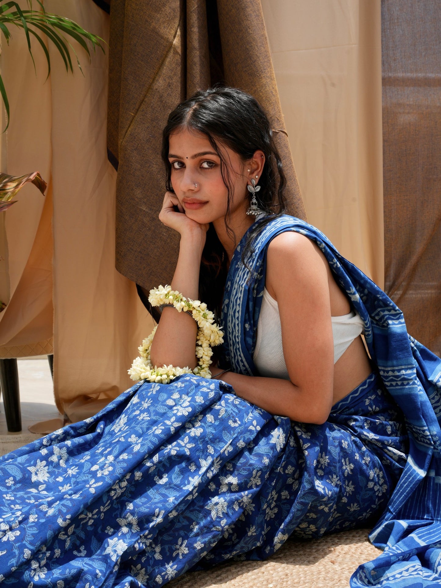 Nirvi lightweight daily wear indigo blue hand block printed cotton office wear saree, Vasaka Jaipur