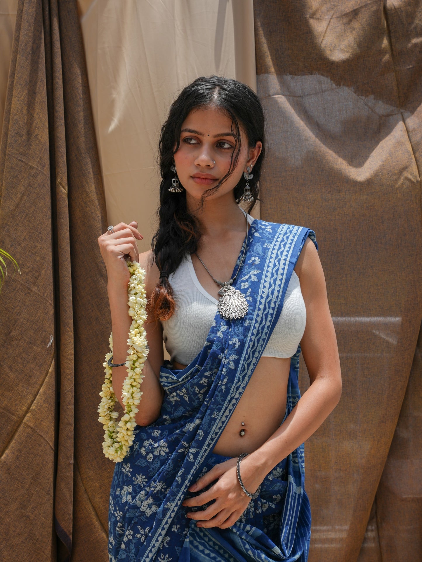 Nirvi lightweight daily wear indigo blue hand block printed cotton office wear saree, Vasaka Jaipur