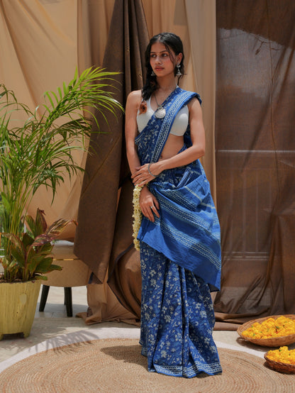 Nirvi lightweight daily wear indigo blue hand block printed cotton office wear saree, Vasaka Jaipur