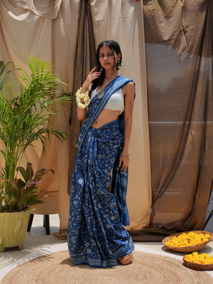Nirvi lightweight daily wear indigo blue hand block printed cotton office wear saree, Vasaka Jaipur