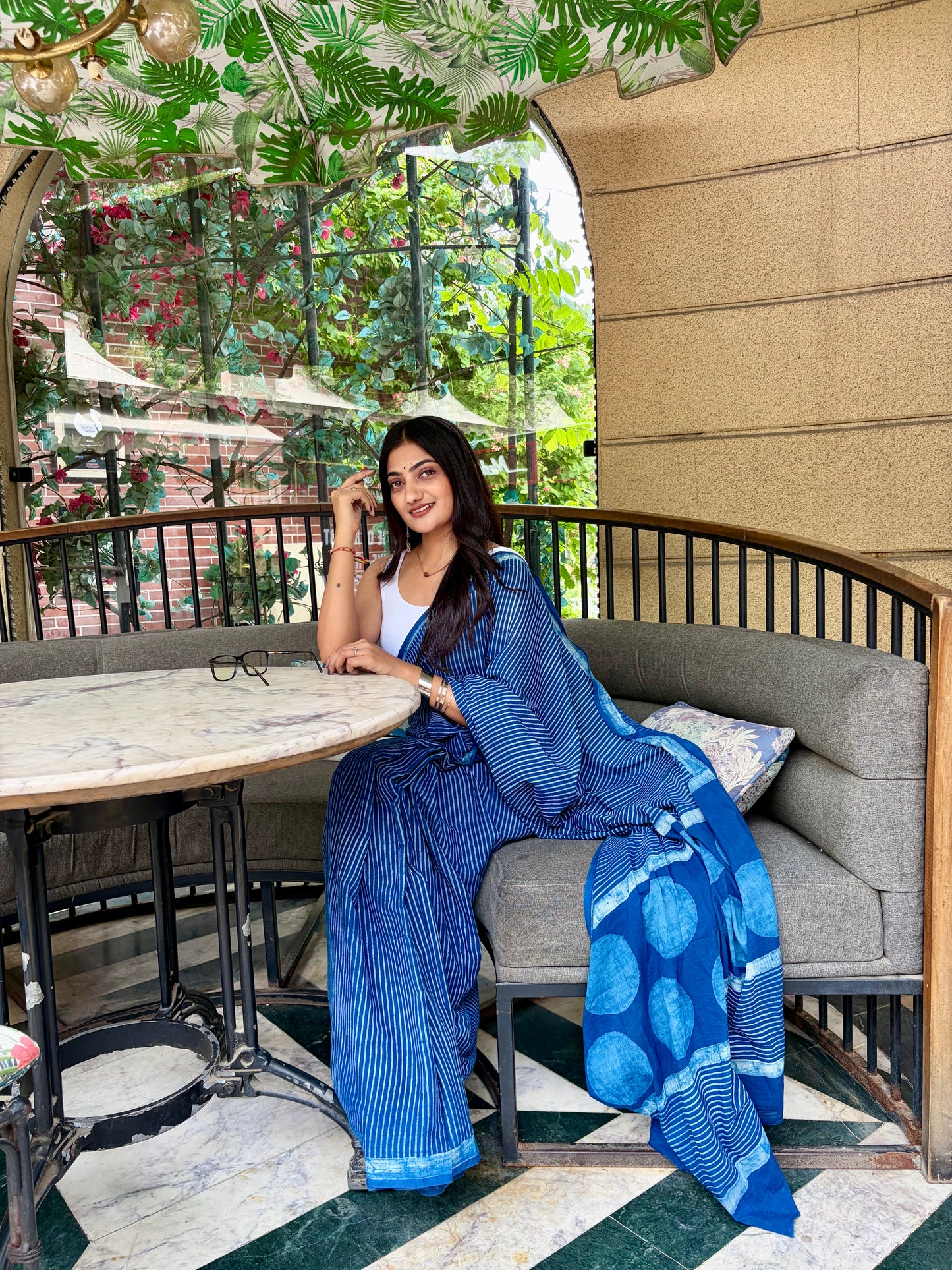 Vasaka Jaipur lightweight indigo mulmul cotton saree styled elegantly for office wear and casual ethnic looks