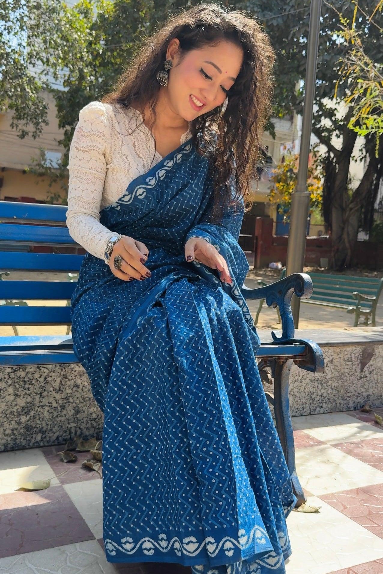 Nishka deep indigo blue dabu hand block printed natural dye cotton saree by Vasaka Jaipur