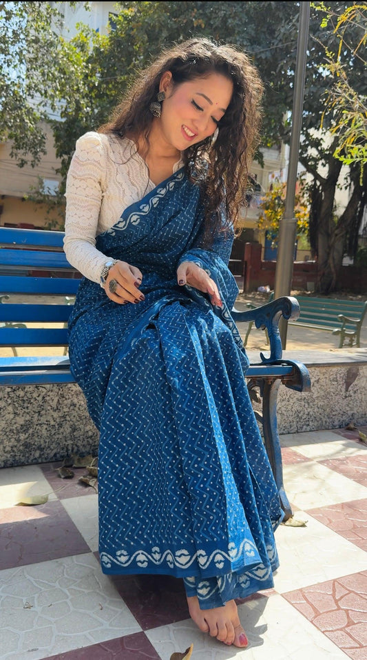Nishka deep indigo blue dabu hand block printed natural dye cotton saree by Vasaka Jaipur