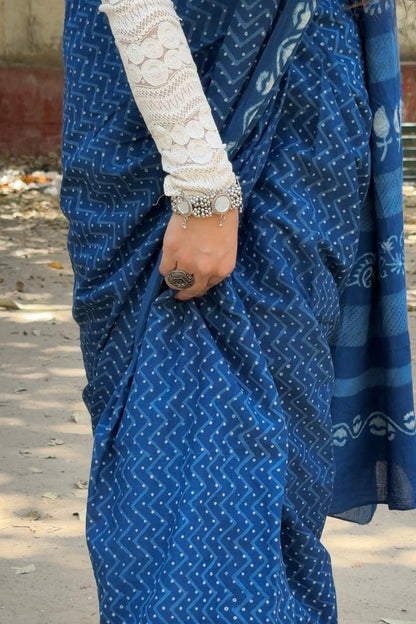 Nishka deep indigo blue dabu hand block printed natural dye cotton saree by Vasaka Jaipur