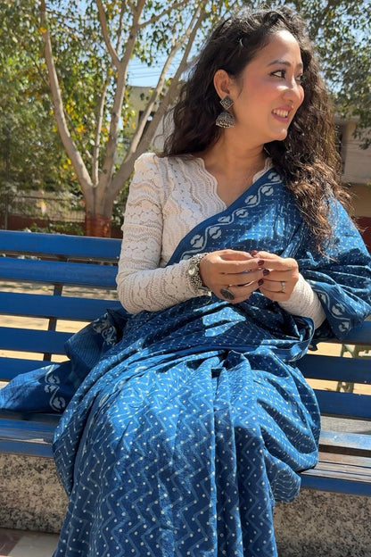 Nishka deep indigo blue dabu hand block printed natural dye cotton saree by Vasaka Jaipur