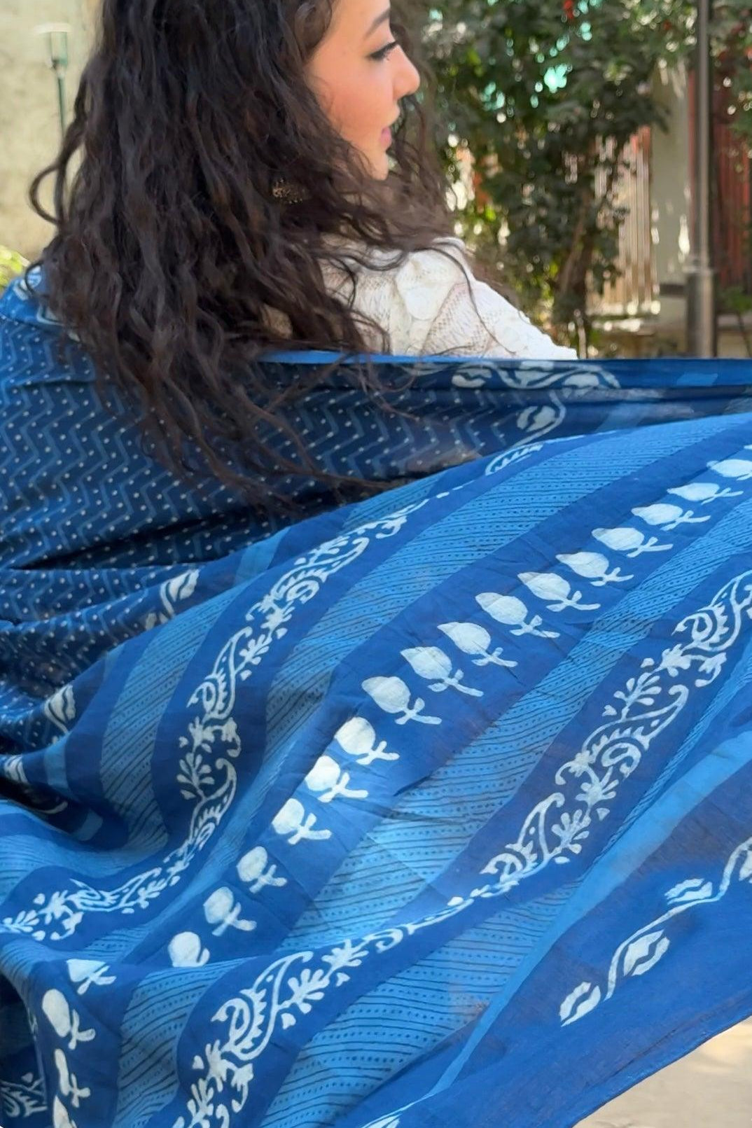 Nishka deep indigo blue dabu hand block printed natural dye cotton saree by Vasaka Jaipur
