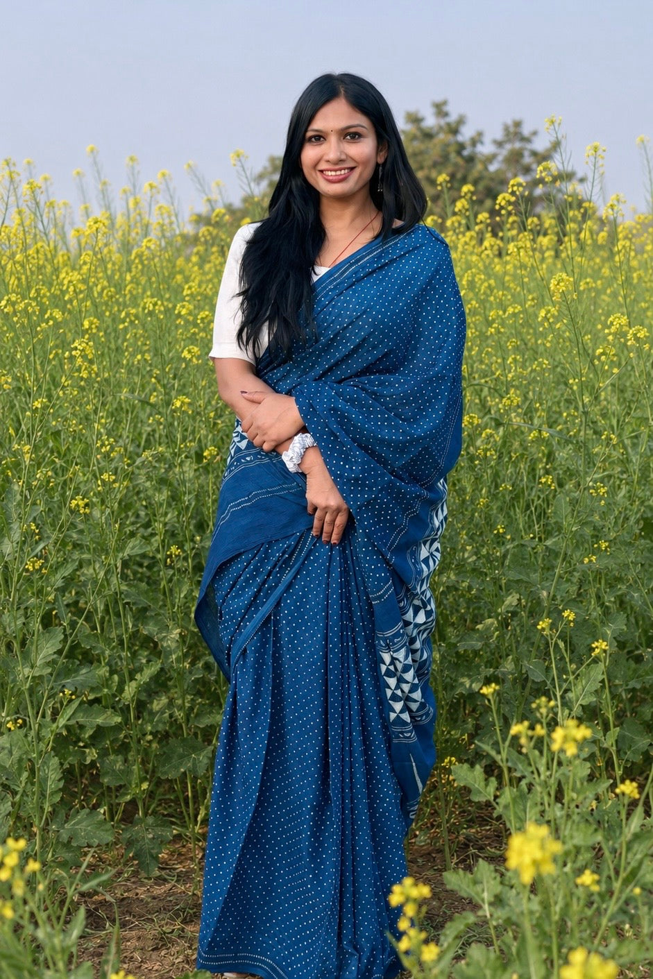 Niyati natural dye indigo cotton saree with traditional dabu mud-resist print from Vasaka Jaipur